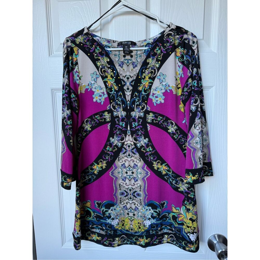 Style & Co Blouse PM Women's Sparkle Gem Tan Purple Half Sleeve Tribal